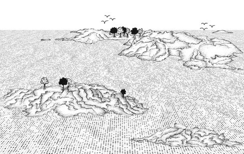 Ilustração de um mar de pontos escuros e claros (bits) com ilhas nele