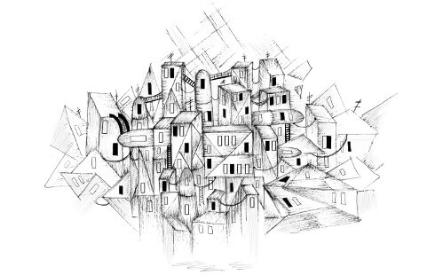 Ilustração de um edifício complicado construído a partir de peças modulares