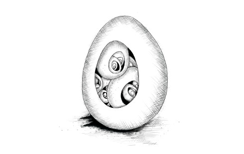 Ilustração mostrando um ovo com buracos, revelando ovos menores dentro, que por sua vez contêm ovos ainda menores, e assim por diante