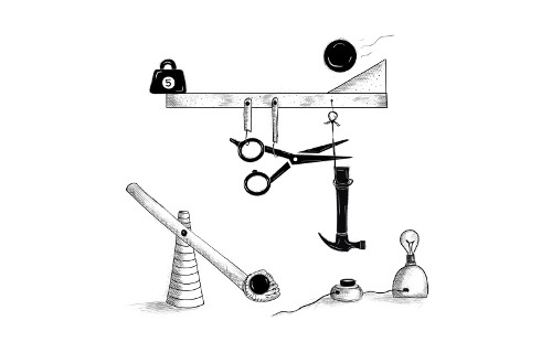 Ilustração mostrando uma máquina de Rube Goldberg envolvendo uma bola, uma gangorra, uma tesoura e um martelo, que afetam uns aos outros em uma reação em cadeia que acende uma lâmpada.