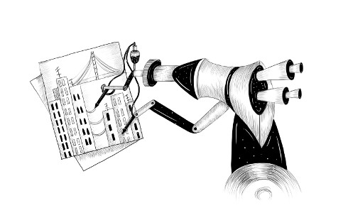 Ilustração mostrando um braço robótico com aparência industrial desenhando uma cidade em um pedaço de papel