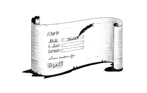Ilustração mostrando um formulário de inscrição na web em um pergaminho de papiro
