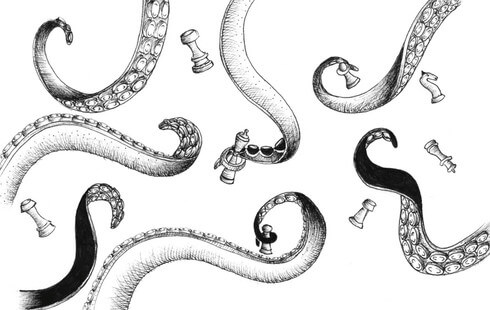 Ilustração mostrando vários tentáculos segurando peças de xadrez