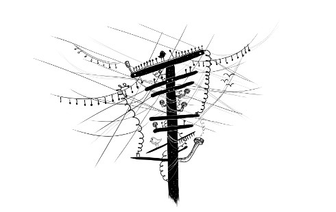 Ilustração mostrando um poste telefônico com um emaranhado de fios indo em todas as direções