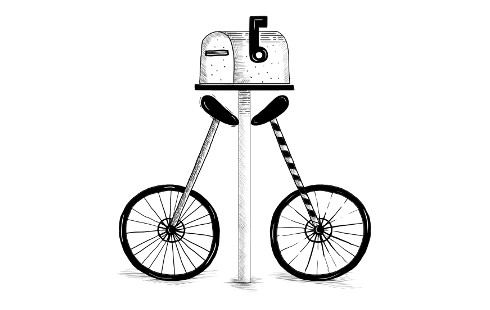 Ilustração mostrando dois monociclos encostados em uma caixa de correio