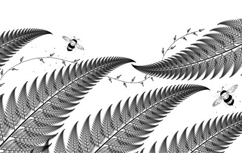 Ilustração de folhas de samambaia com formato fractal, abelhas ao fundo