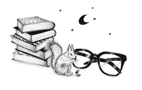 Ilustração de um esquilo ao lado de uma pilha de livros e um par de óculos. Uma lua e estrelas são visíveis ao fundo.