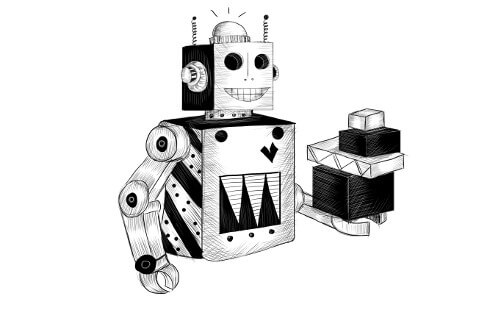 Ilustração de um robô segurando uma pilha de pacotes