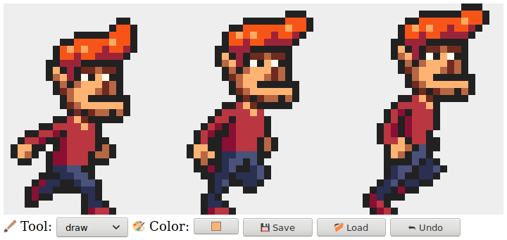 Captura de tela da interface do editor de pixels, com uma grade de pixels coloridos no topo e vários controles, na forma de campos HTML e botões, abaixo