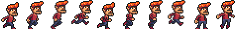 Arte em pixels mostrando um personagem de jogo de computador em 10 poses diferentes. As primeiras 8 formam seu ciclo de animação correndo, a 9ª mostra o personagem parado, e a 10ª mostra ele pulando.