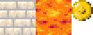 Arte em pixel mostrando três sprites: um pedaço de parede feita de pequenas pedras brancas, um quadrado de lava laranja e uma moeda redonda.