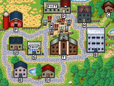 Ilustração em pixel art de uma pequena vila com 11 locais, rotulados com letras, e estradas entre eles
